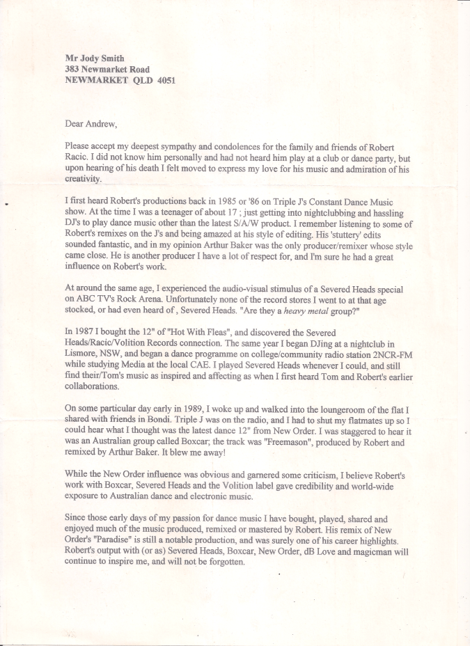 A typed letter expressing condolences and admiration for the music of Robert Racic, detailing personal experiences and influences from the Australian dance music scene in the 1980s.