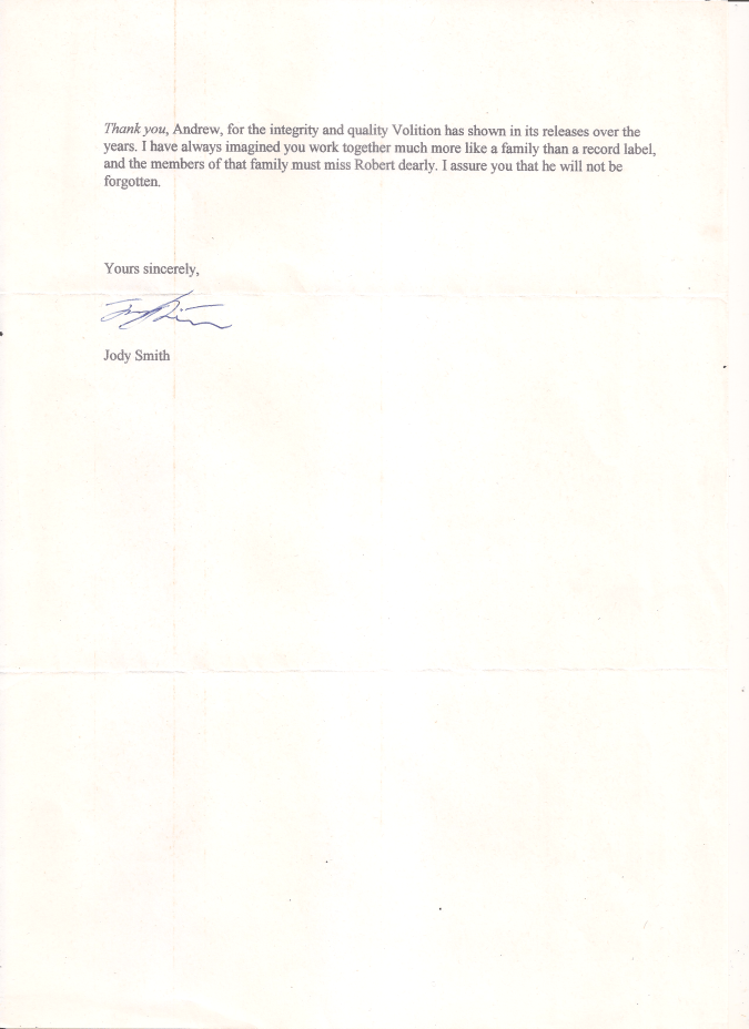 A handwritten letter expressing gratitude and fond memories, signed by Jody Smith.