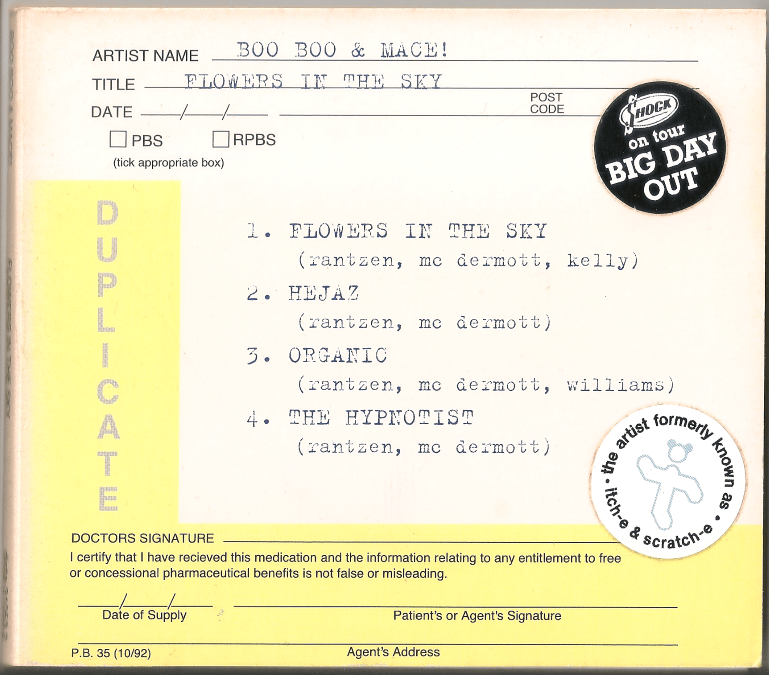 A document titled 'Flowers in the Sky' by artists Boo Boo and Mace, listing four tracks along with their contributors. The document features a 'Duplicate' label, a section for a doctor's signature, and an indication of a tour event.