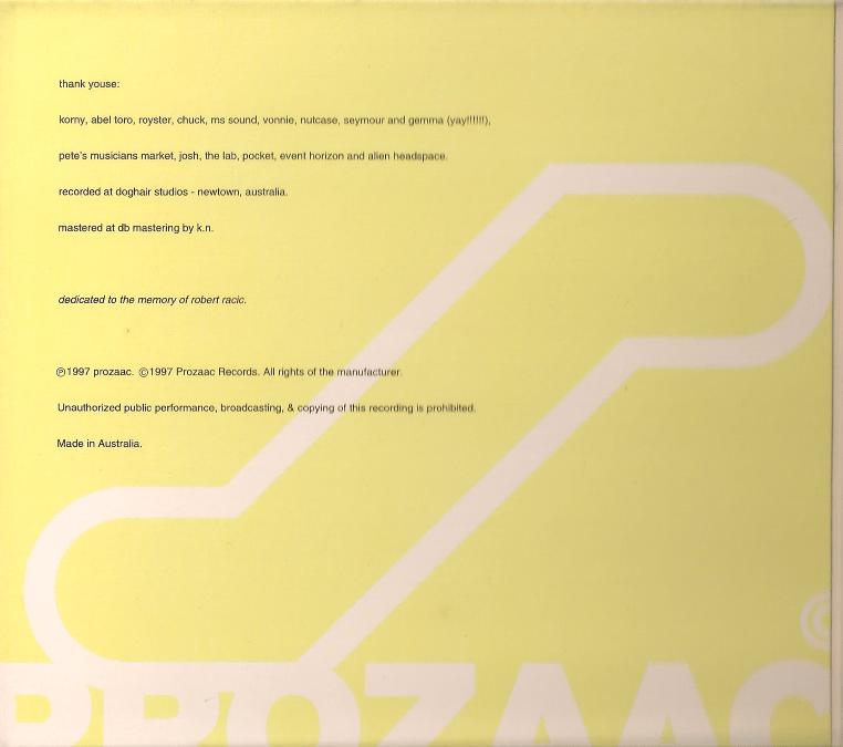 Back cover of a music album featuring a yellow background with text including acknowledgements and recording details.